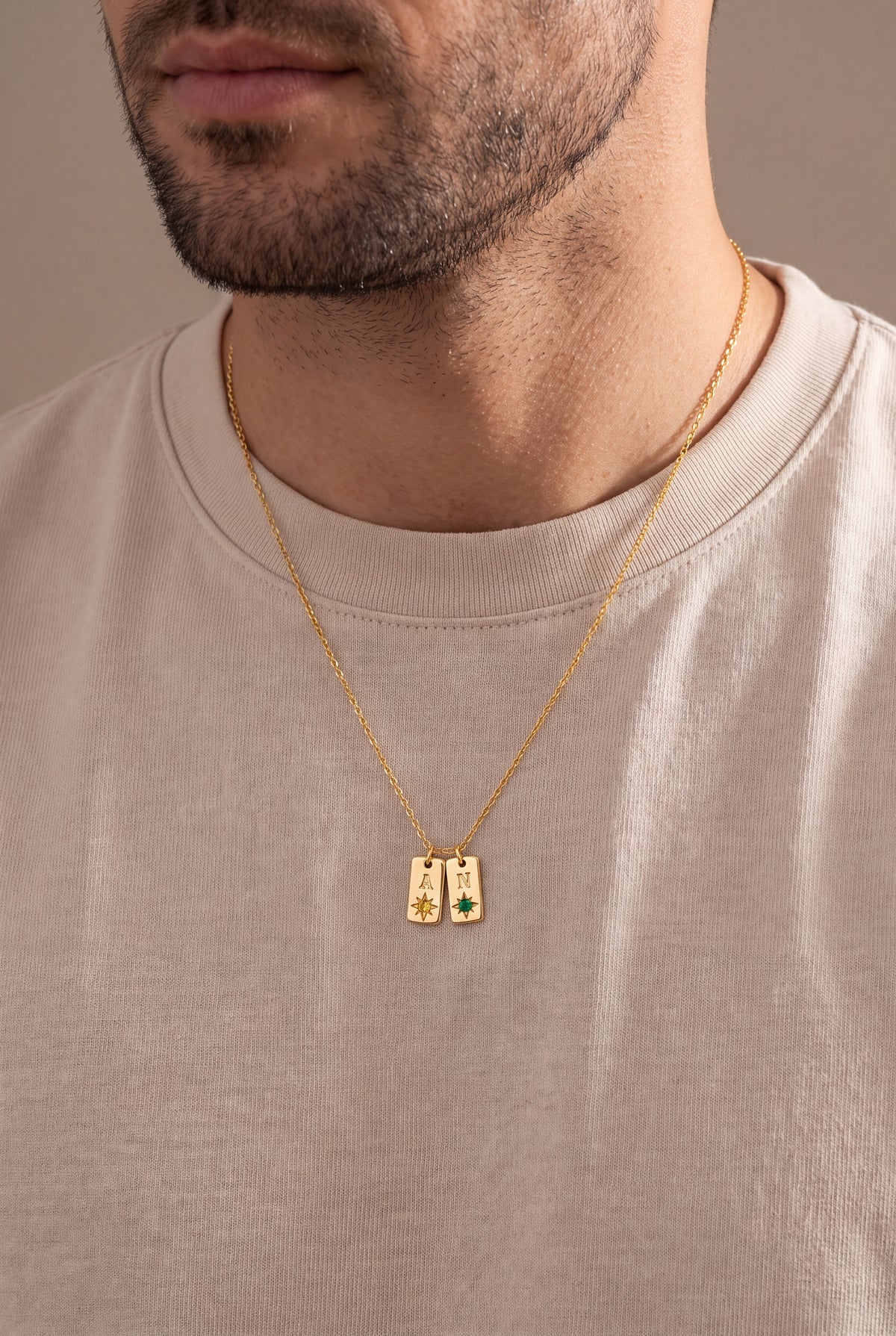 Men's Initial Tag Necklace with Birthstones – on model