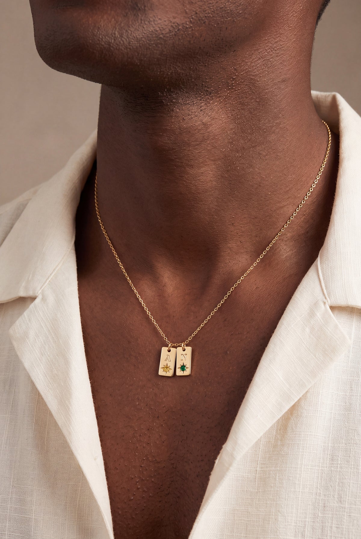 Men's Initial Tag Necklace with Birthstones – on model, second view