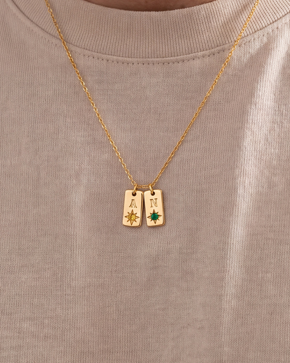 Men's Initial Tag Necklace with Birthstones – close-up
