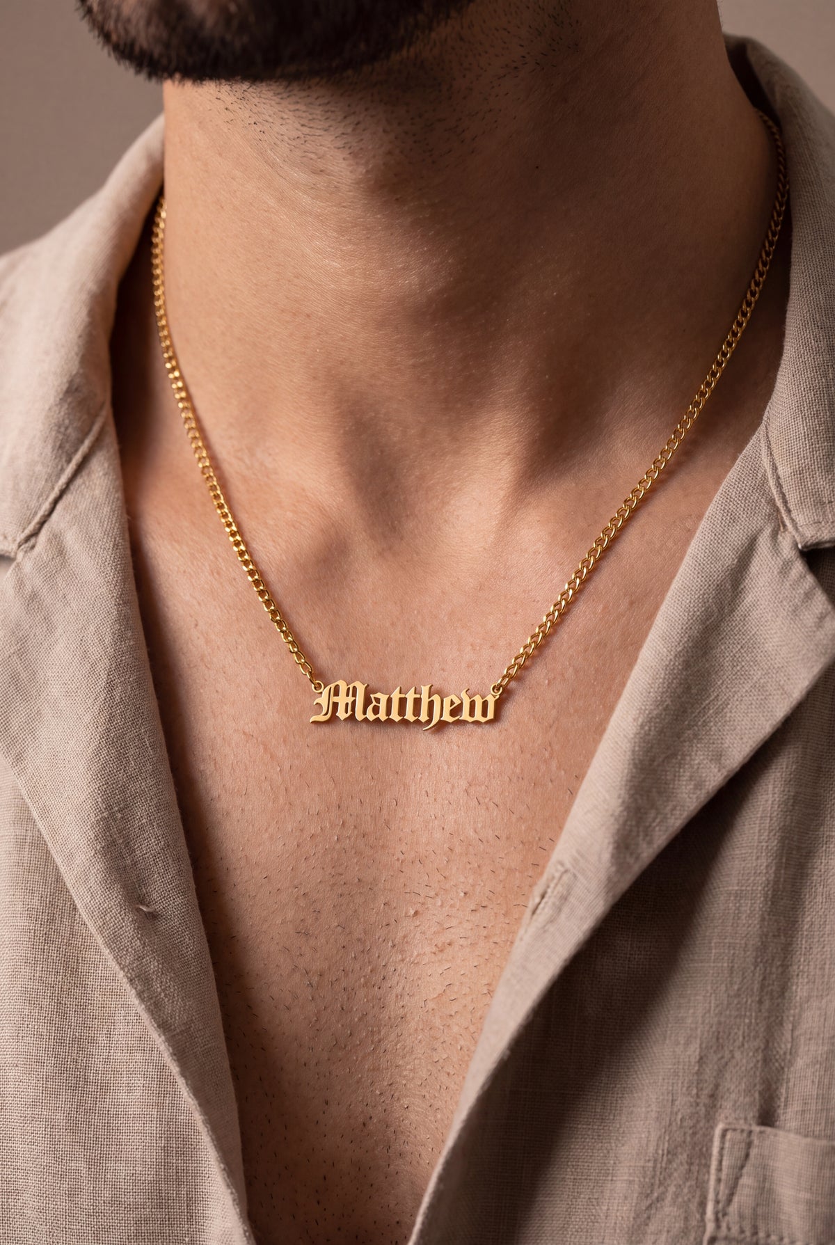 Men's Old English Name Necklace – on model, second view