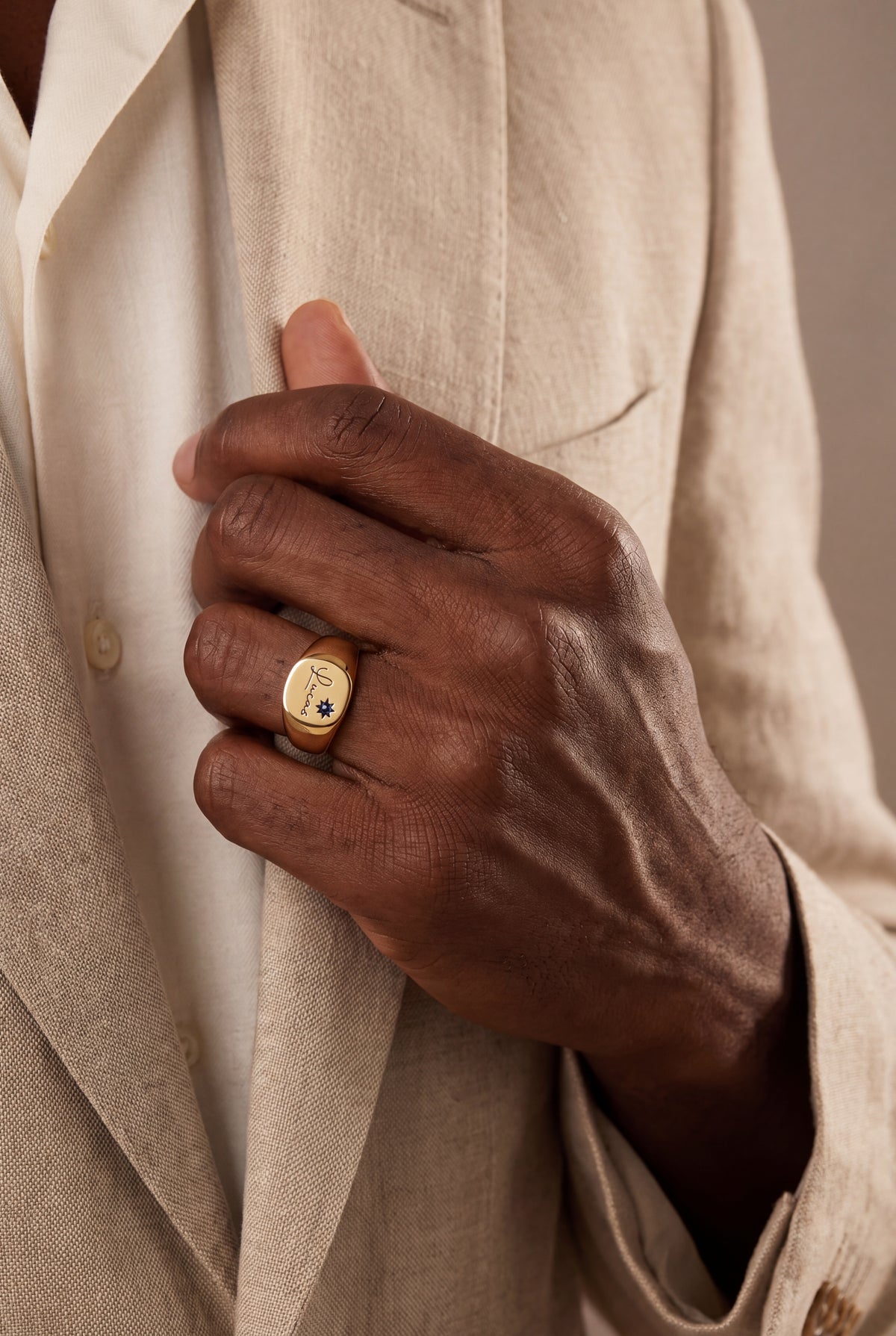 Men's Signet Ring with Name & Birthstone – on model, second view