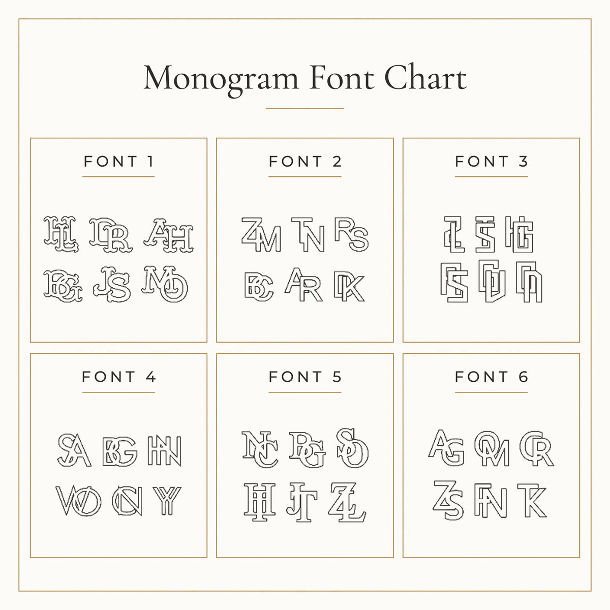 Monogram font chart: two-letter monogram examples in Font 1, Font 2, Font 3, Font 4, Font 5 and Font 6