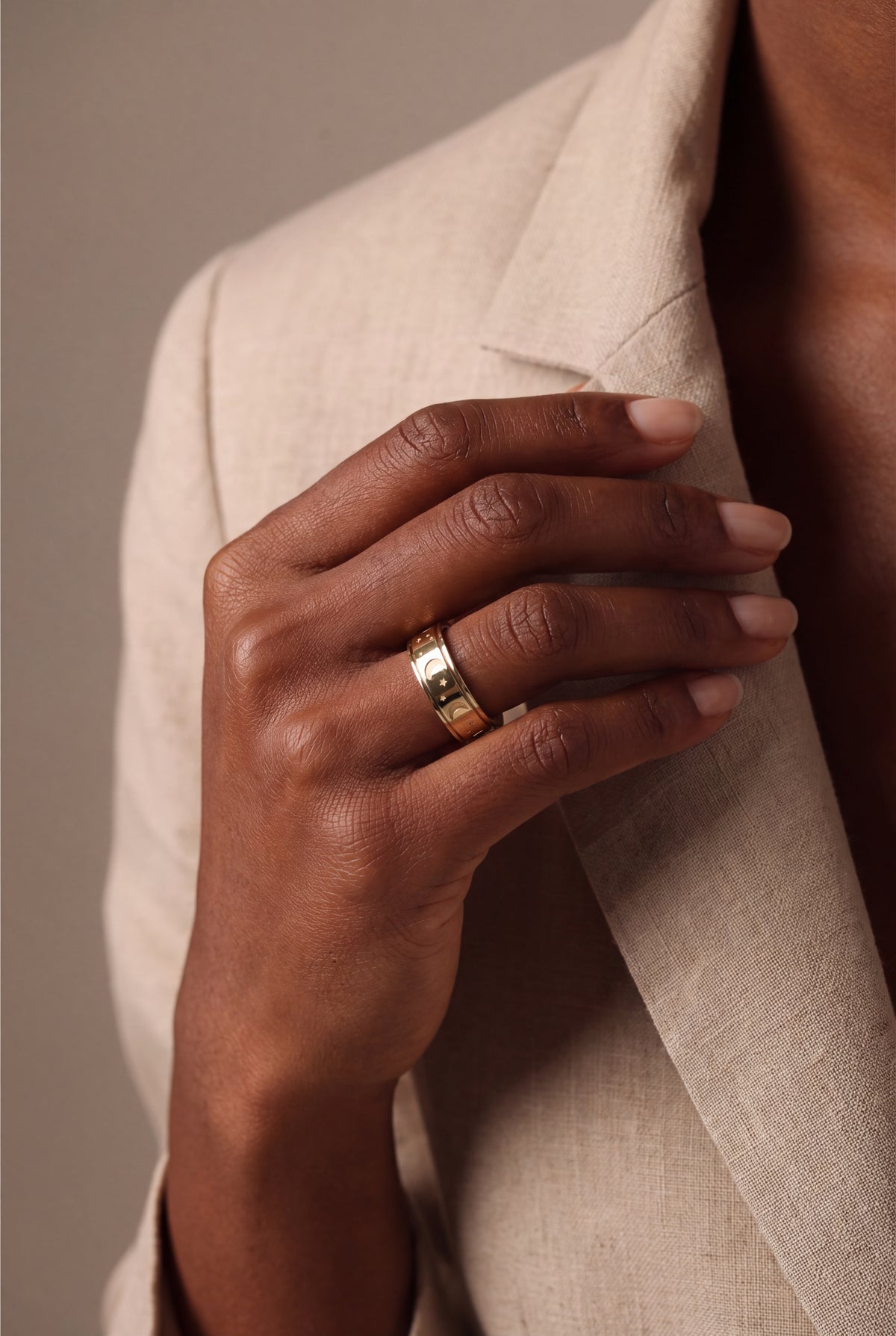 Moon & Star Engraved Wide Band Ring – on model