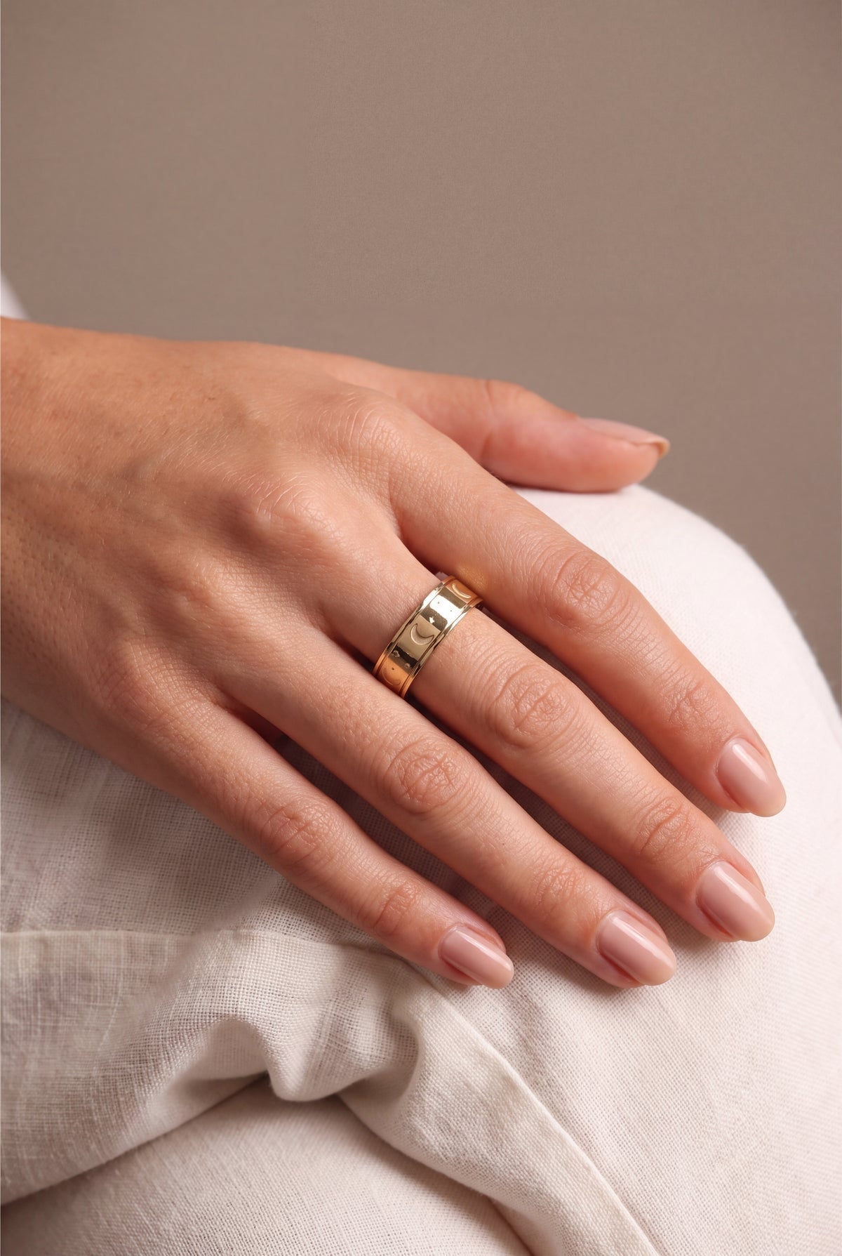 Moon & Star Engraved Wide Band Ring – on model, second view