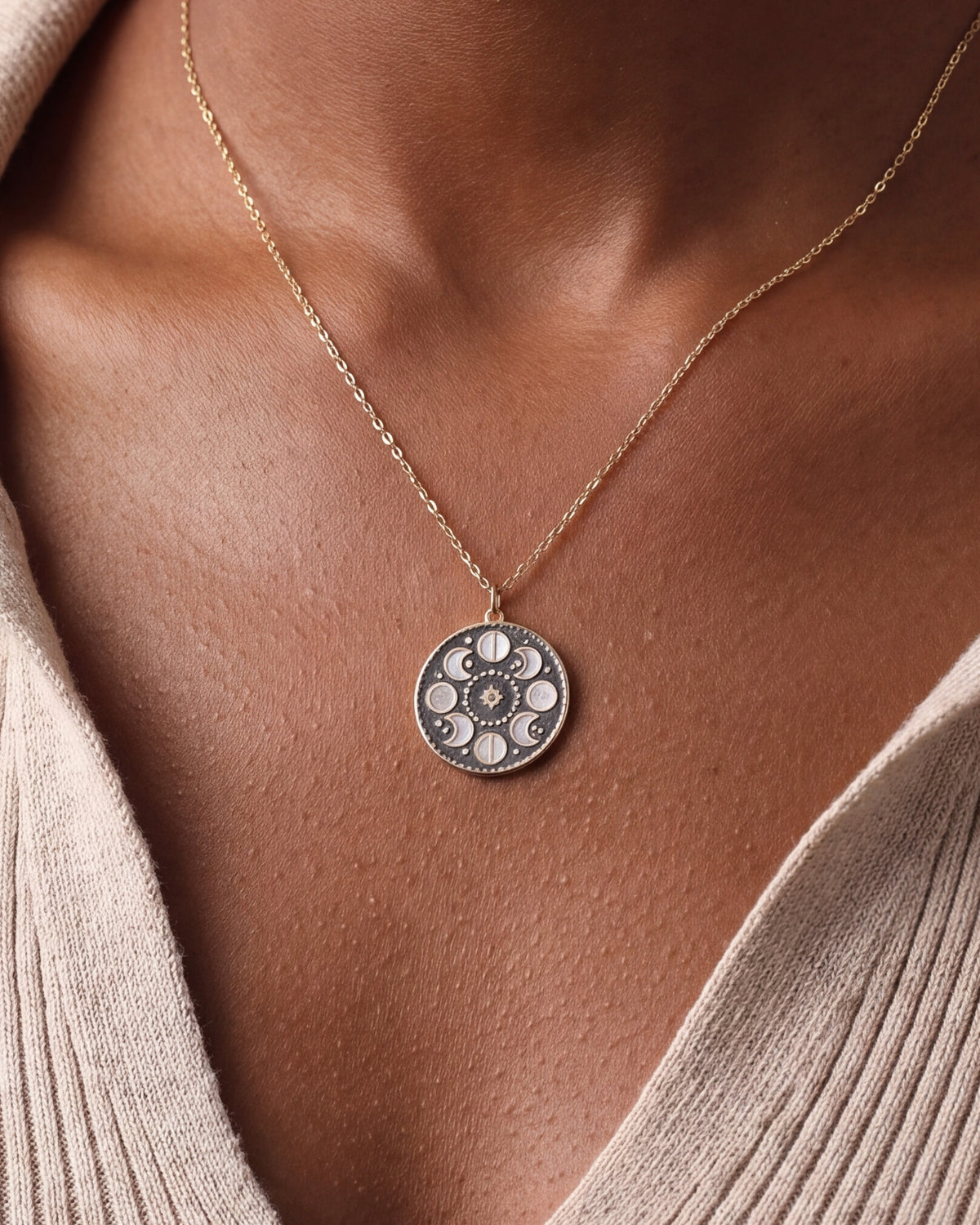 Moon Phase Medallion Necklace – close-up