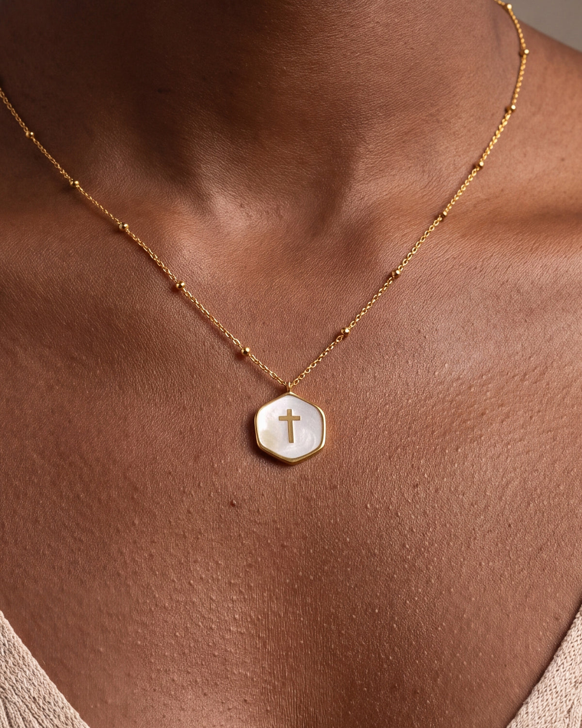 Mother-of-Pearl Cross Medallion Necklace – close-up