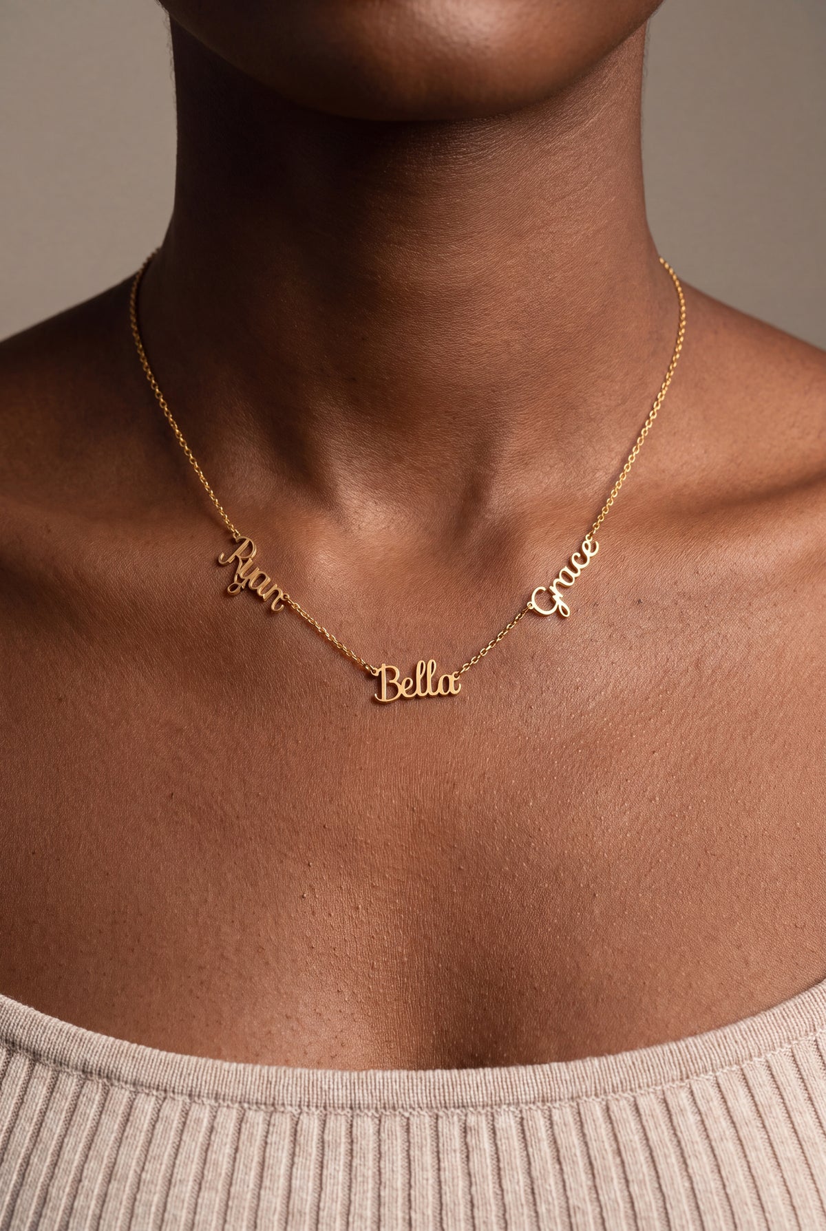 Multiple Name Family Necklace – on model, second view