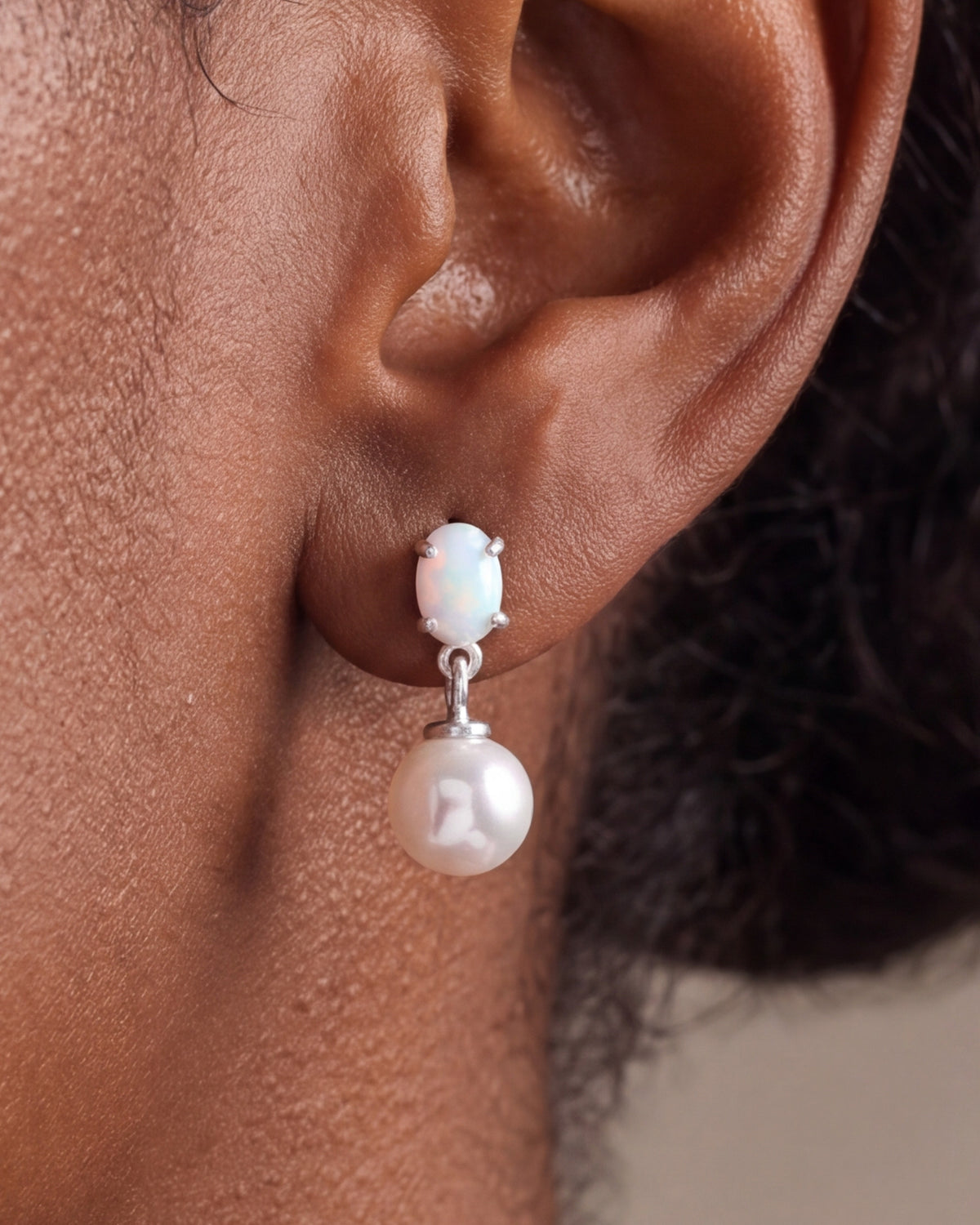 Opal & Pearl Drop Earrings – close-up