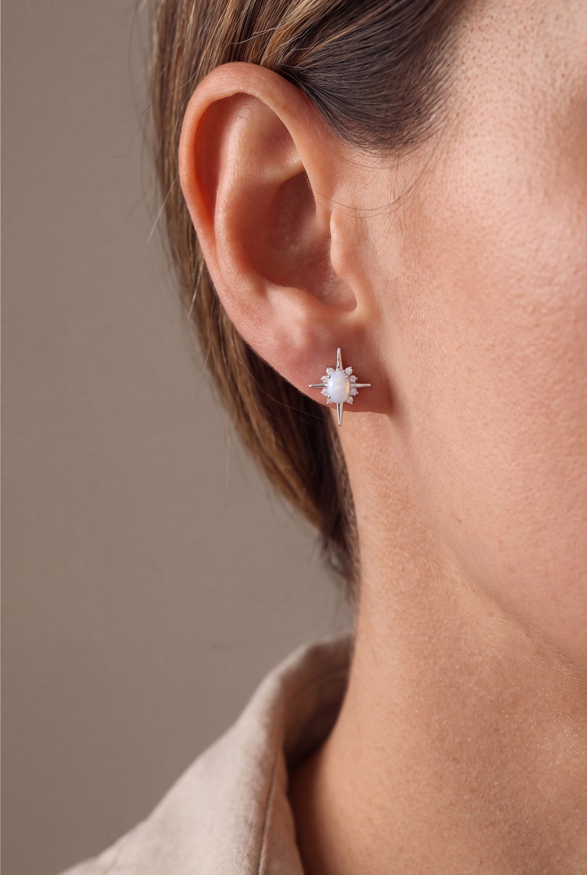 Opal Halo North Star Stud Earrings – on model