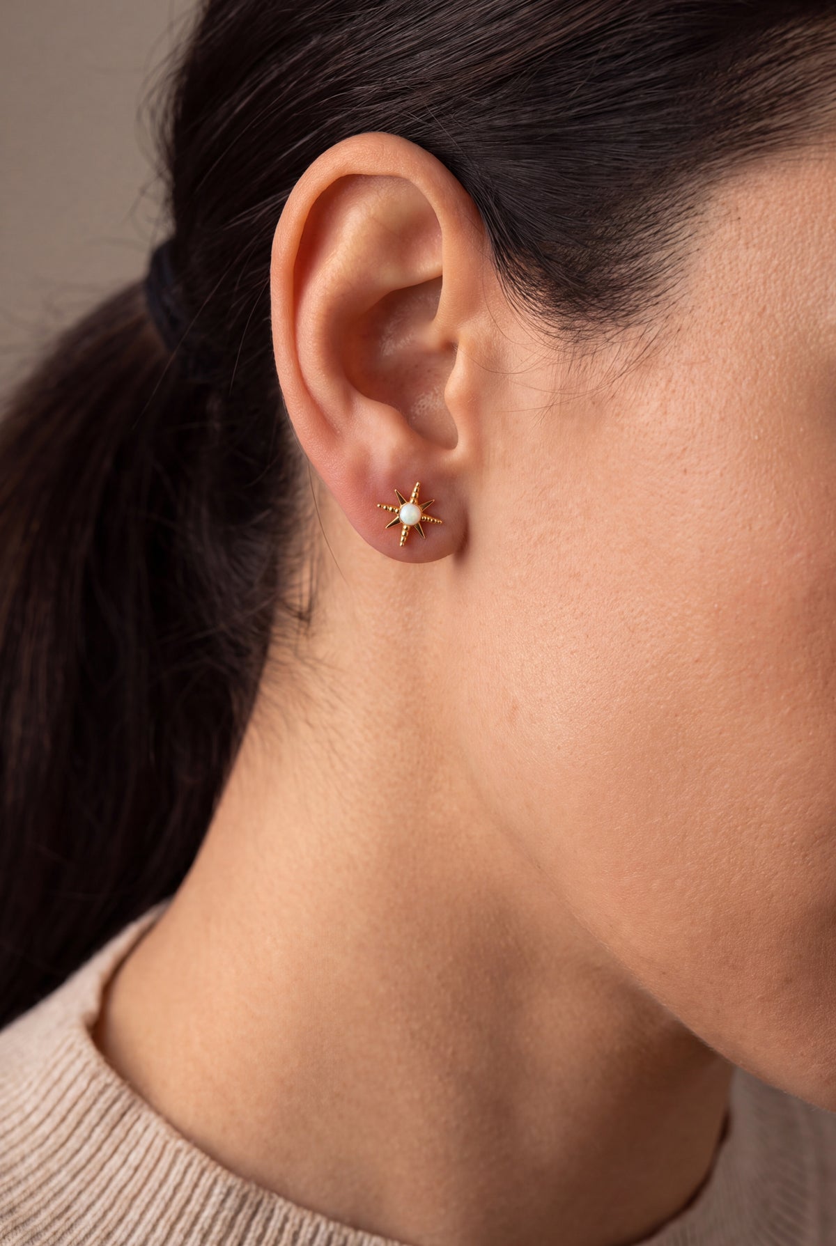 Opal North Star Stud Earrings – on model, second view