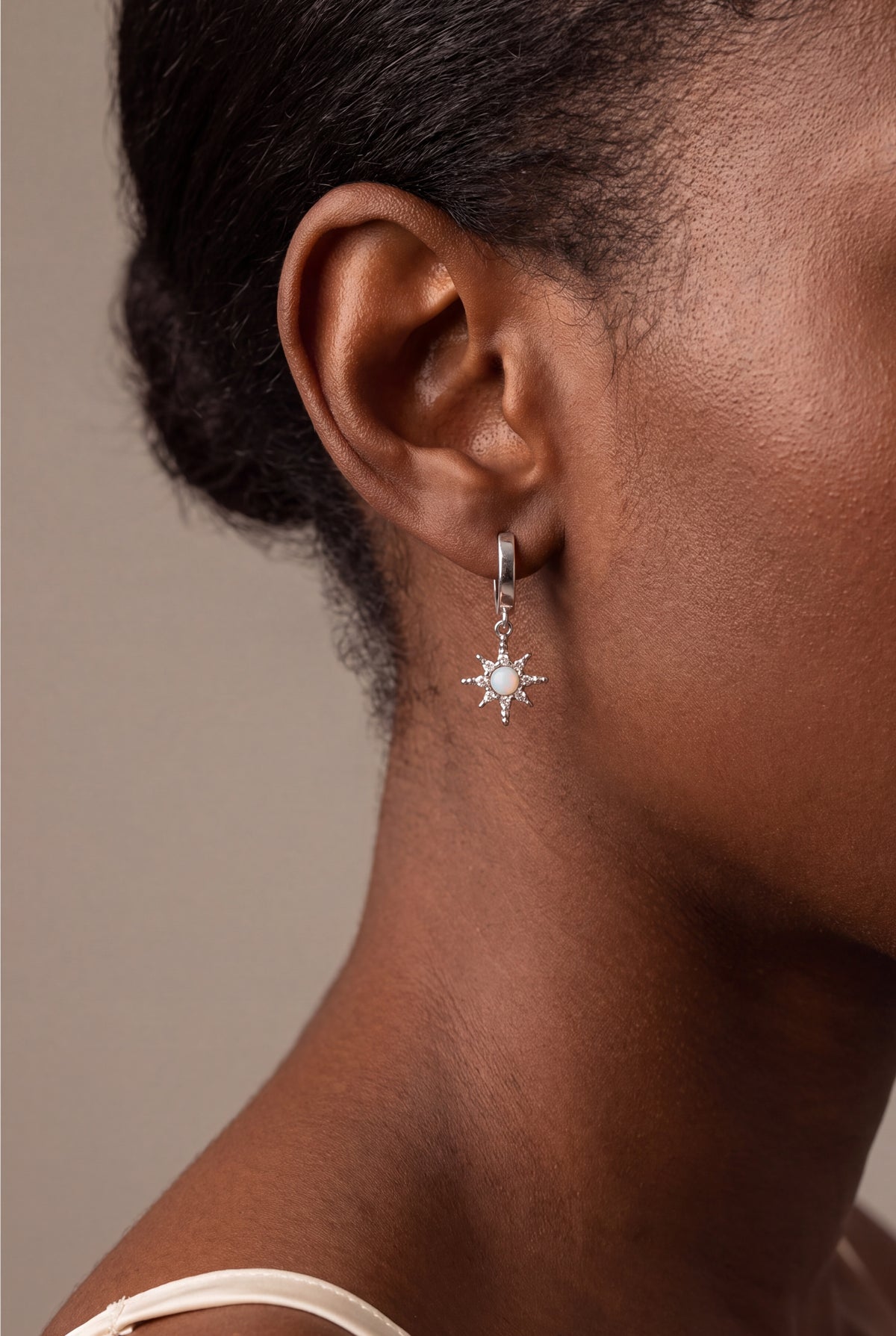 Opal Star Drop Huggie Earrings – on model, second view