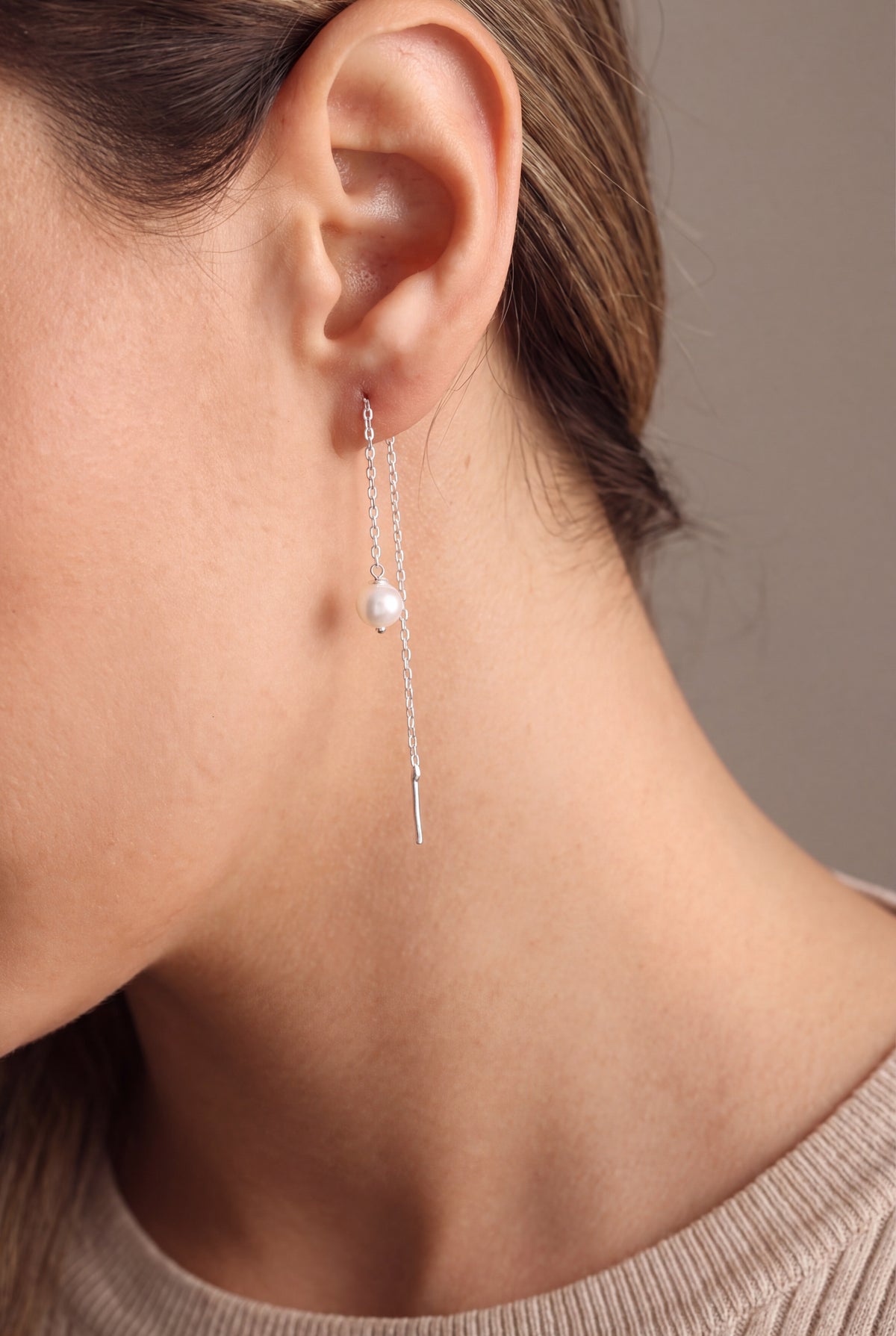 Pearl Threader Chain Earrings – on model, second view