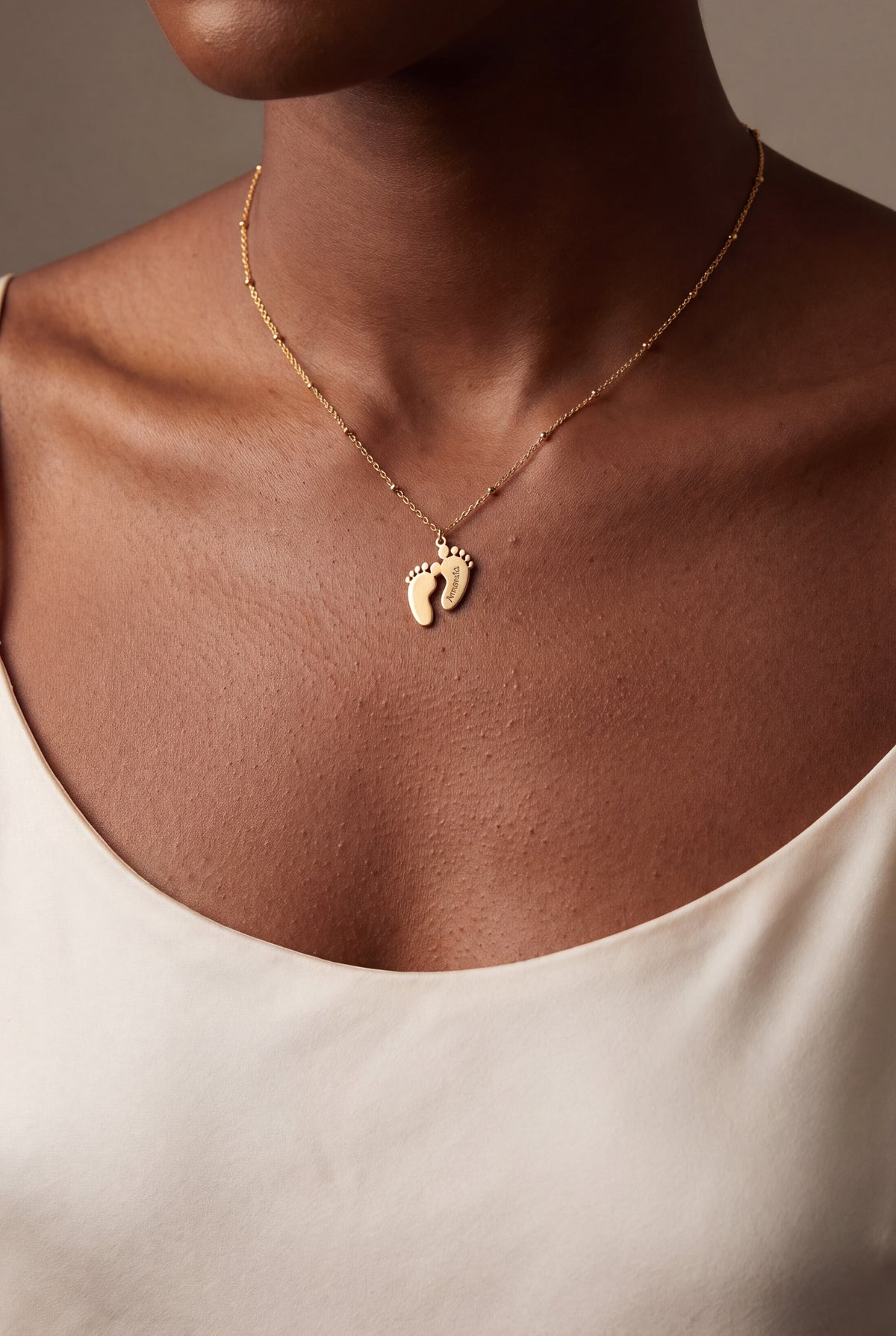 Personalized Baby Footprint Name Necklace – on model