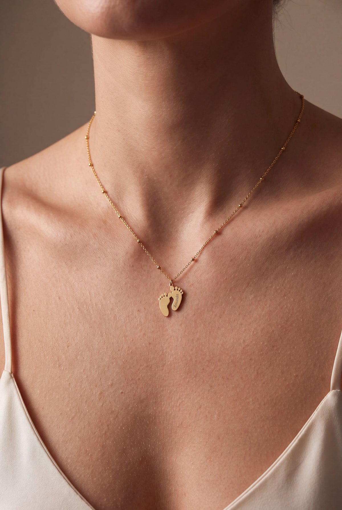 Personalized Baby Footprint Name Necklace – on model, second view