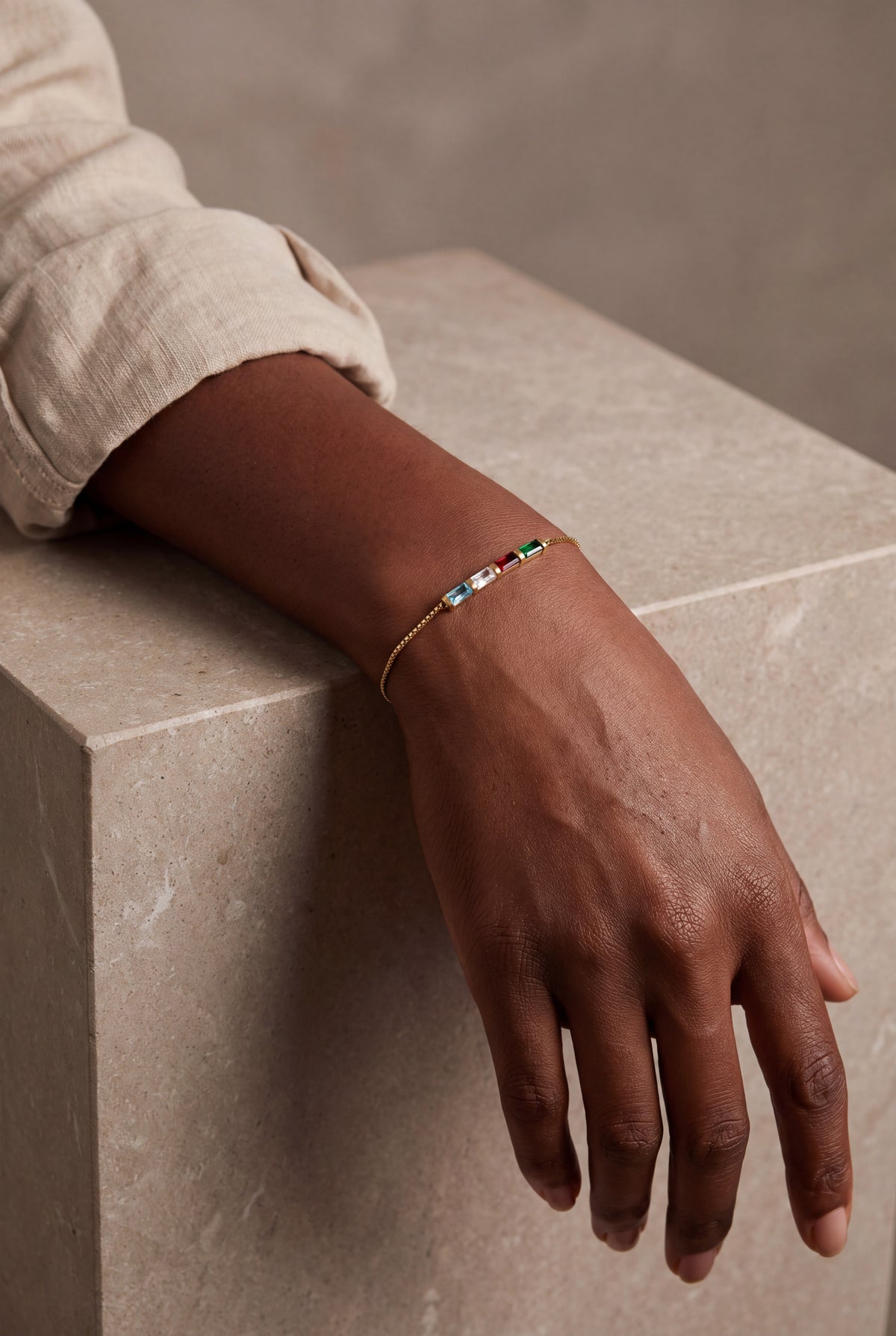 Personalized Baguette Birthstone Bracelet – on model, second view