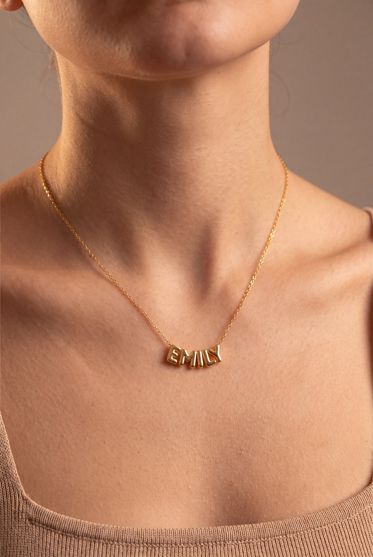 Personalized Balloon Letter Name Necklace – on model, second view