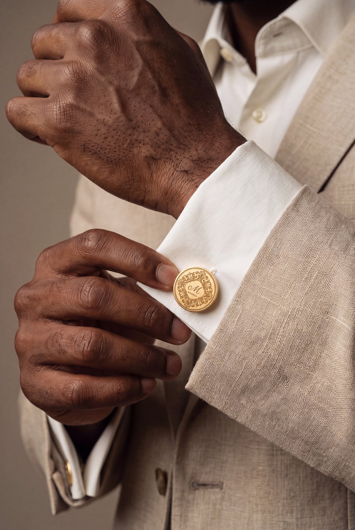 Personalized Baroque Frame Initial & Name Cufflinks – on model