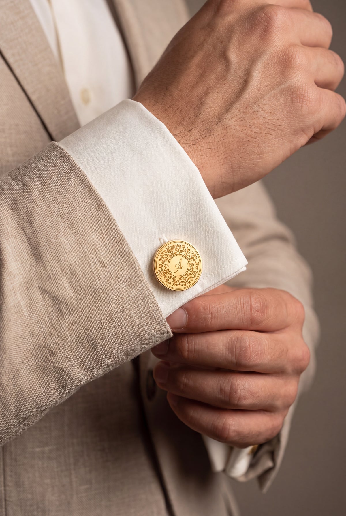 Personalized Baroque Script Initial Cufflinks – on model