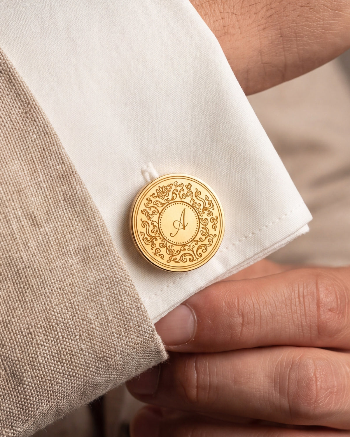 Personalized Baroque Script Initial Cufflinks – close-up