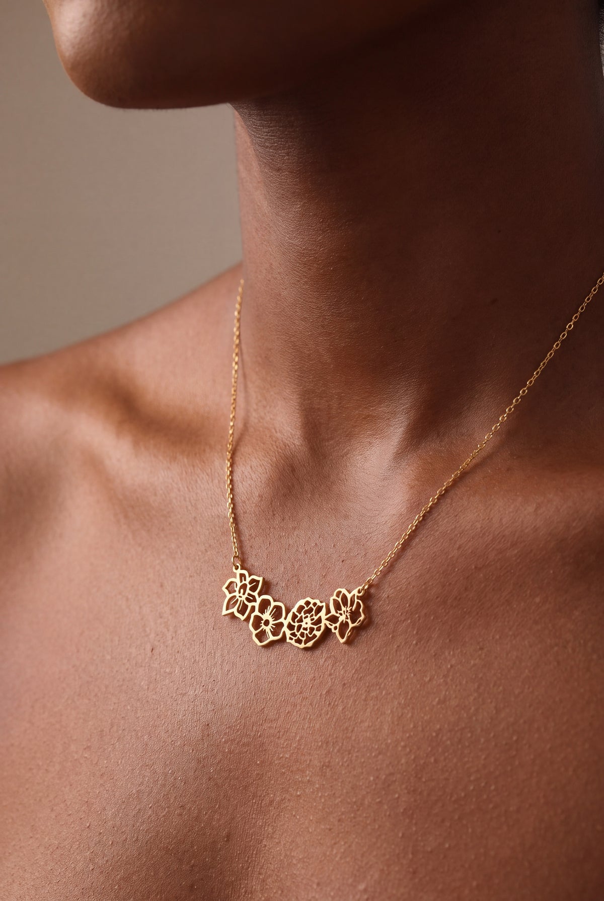 Personalized Birth Flower Bar Necklace – on model, second view