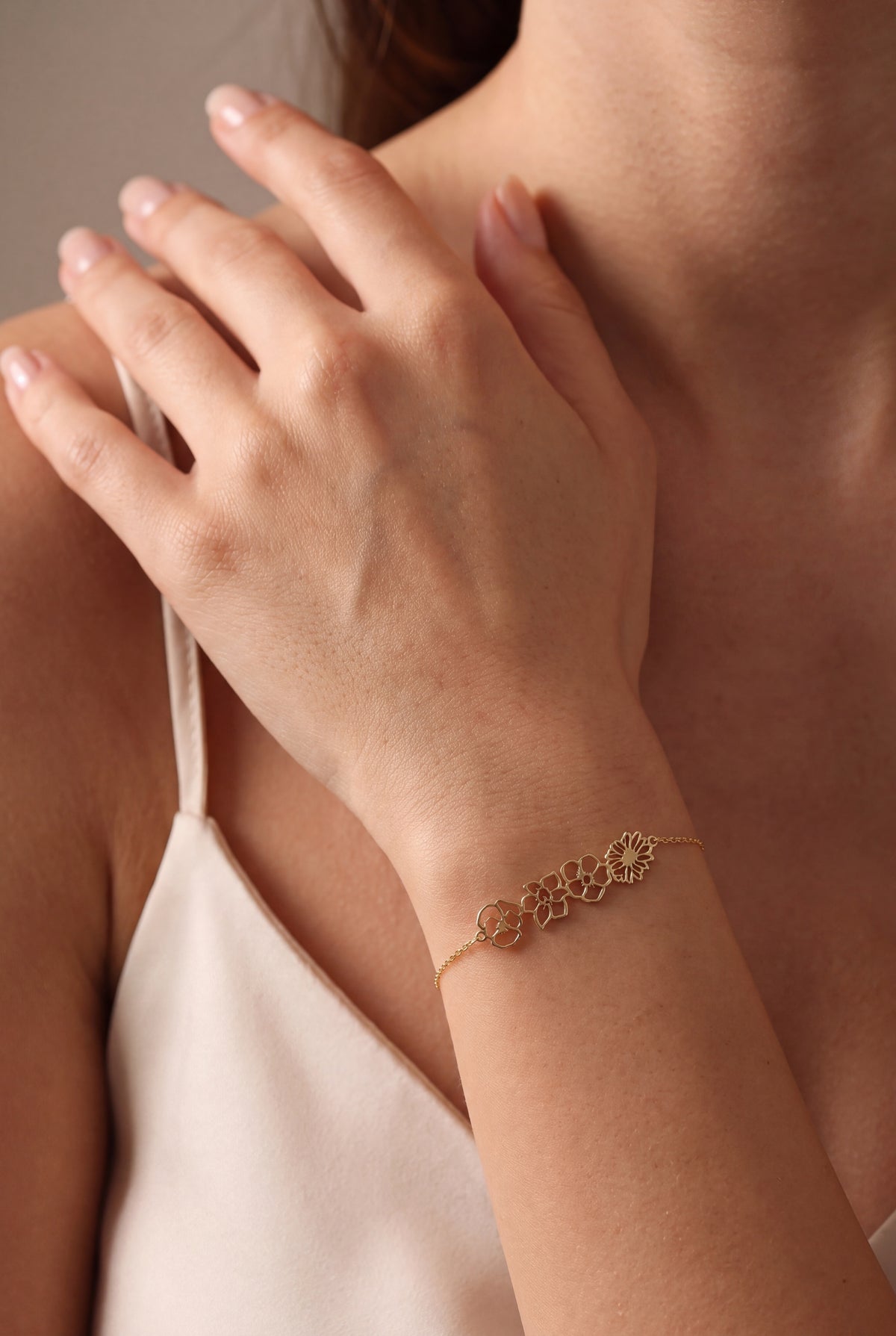 Personalized Birth Flower Bracelet – on model