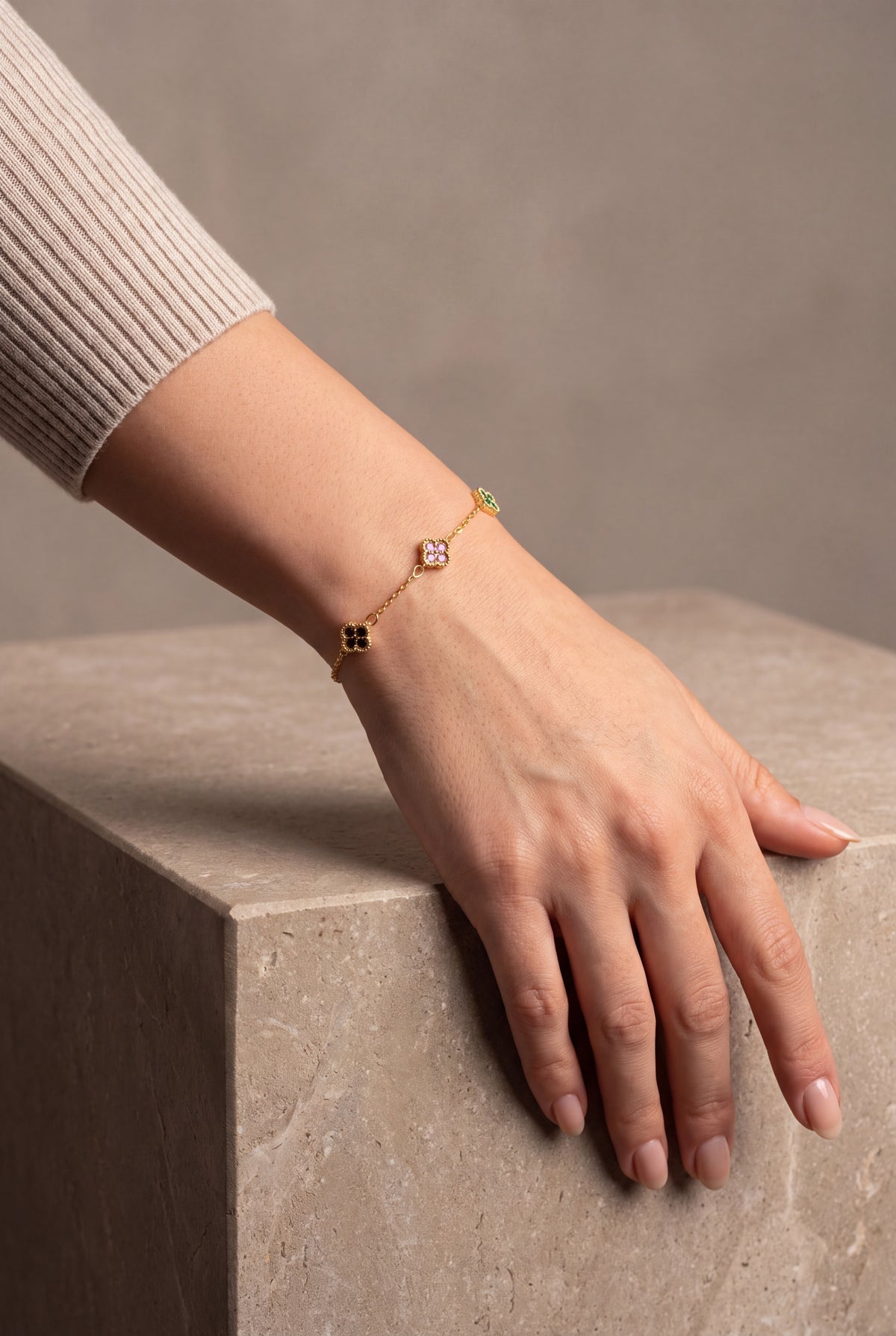 Personalized Birthstone Clover Station Bracelet – on model, second view