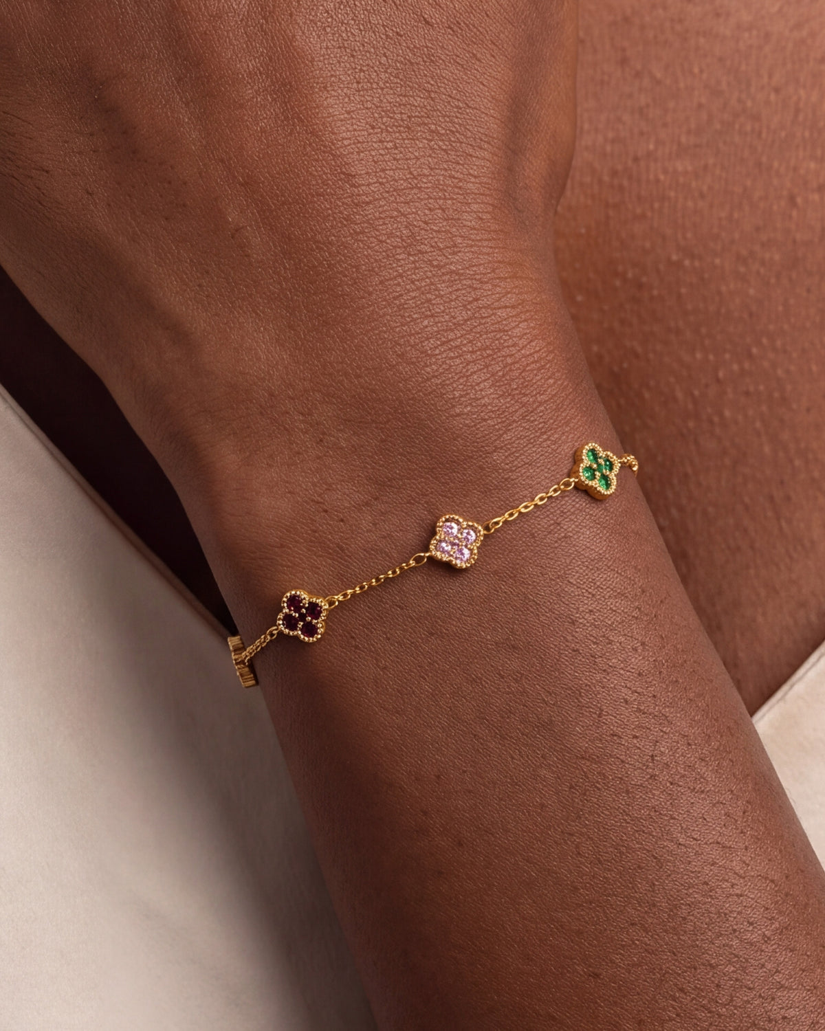 Personalized Birthstone Clover Station Bracelet – close-up