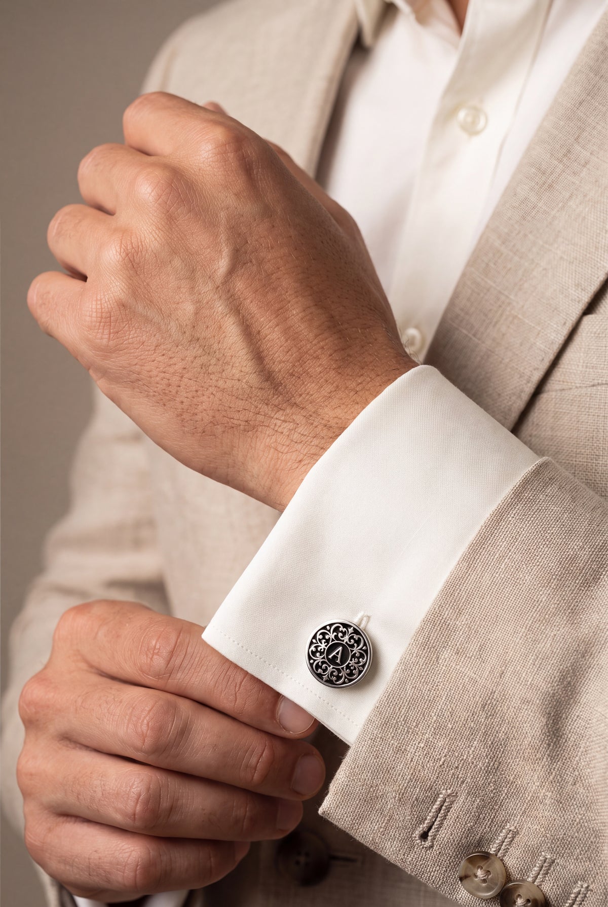 Personalized Black Enamel Filigree Initial Cufflinks – on model