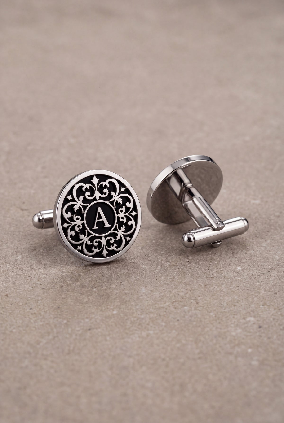 Personalized Black Enamel Filigree Initial Cufflinks – product detail