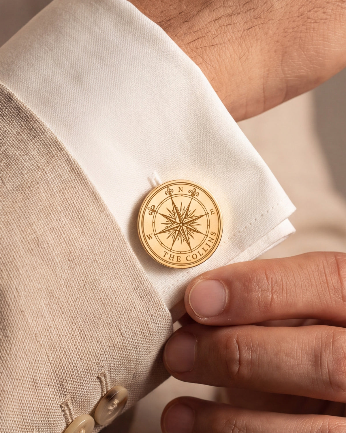 Personalized Compass Rose Family Name Cufflinks – close-up