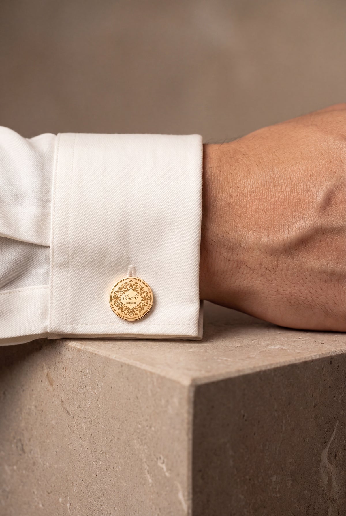 Personalized Couple Monogram & Year Diamond Frame Cufflinks – on model, second view