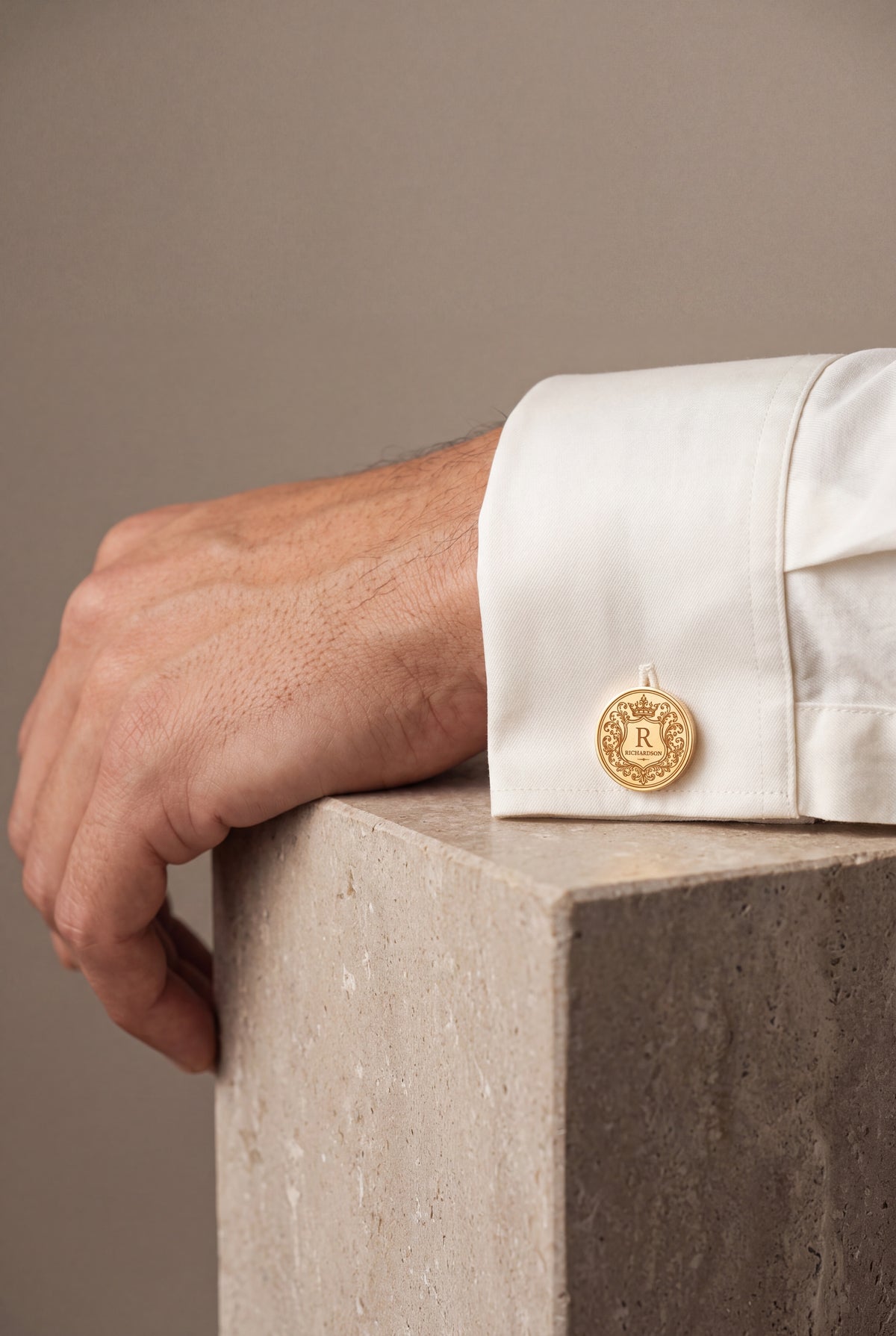 Personalized Crowned Shield Initial & Surname Cufflinks – on model, second view