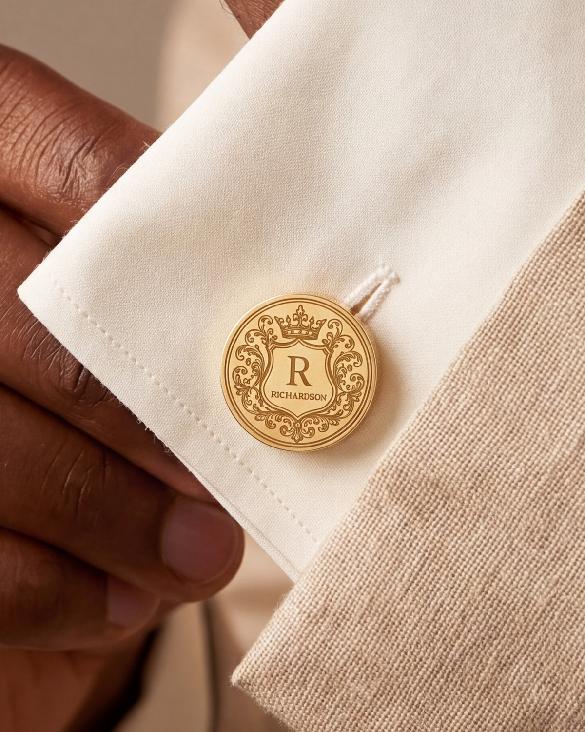 Personalized Crowned Shield Initial & Surname Cufflinks – close-up