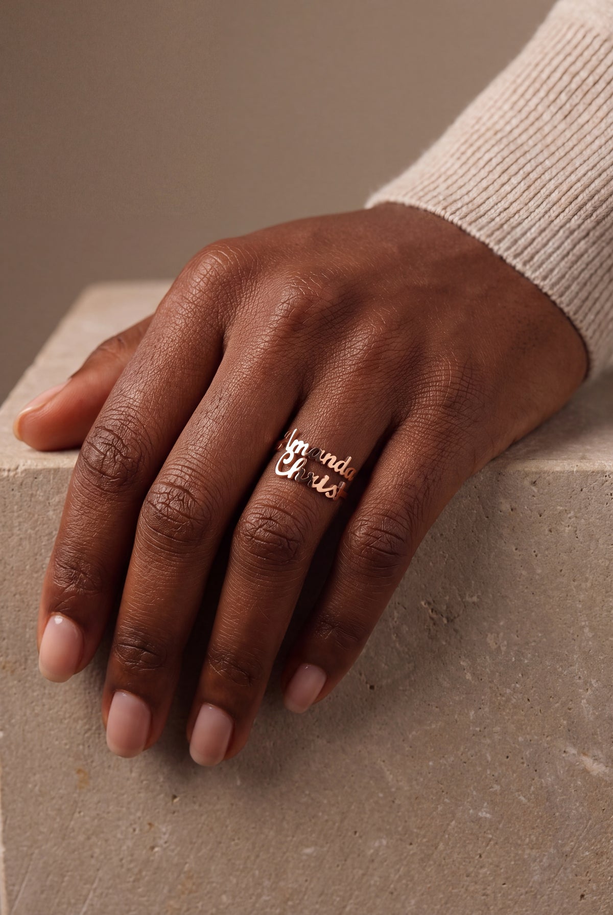 Personalized Double Name Ring – on model