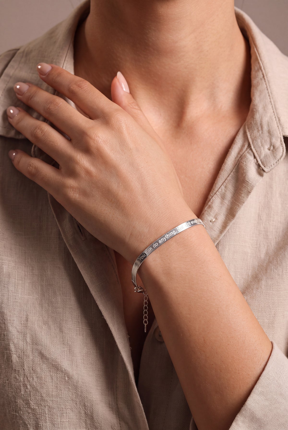 Personalized Engraved Cuff Bracelet – on model
