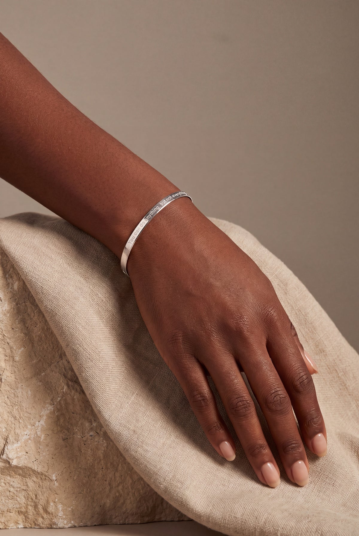 Personalized Engraved Cuff Bracelet – on model, second view