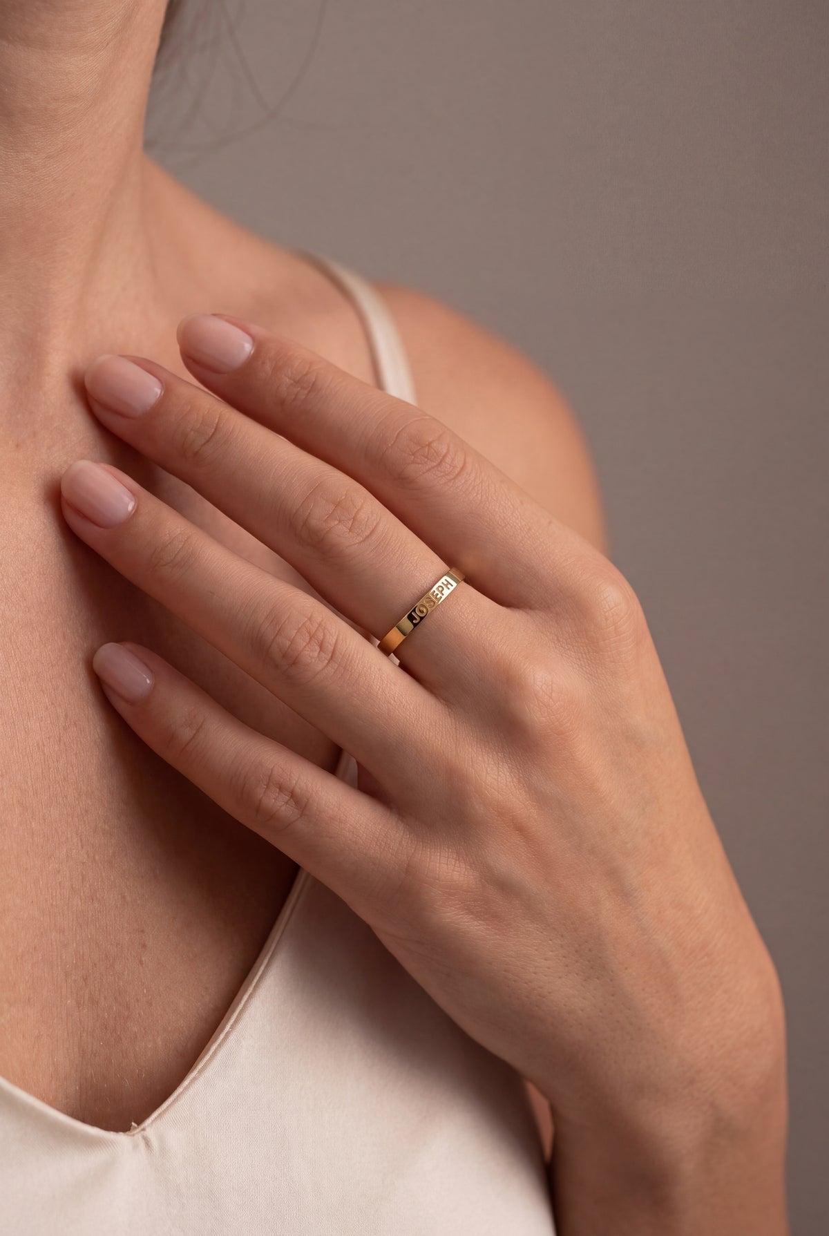 Personalized Engraved Name Band Ring – on model