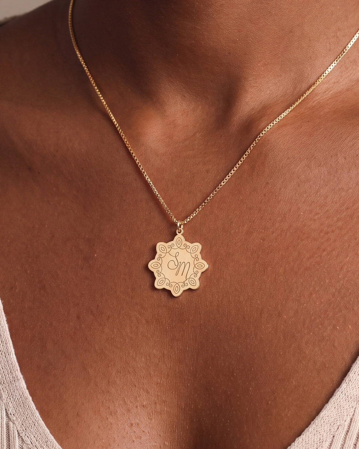 Personalized Engraved Scalloped Medallion Necklace – close-up