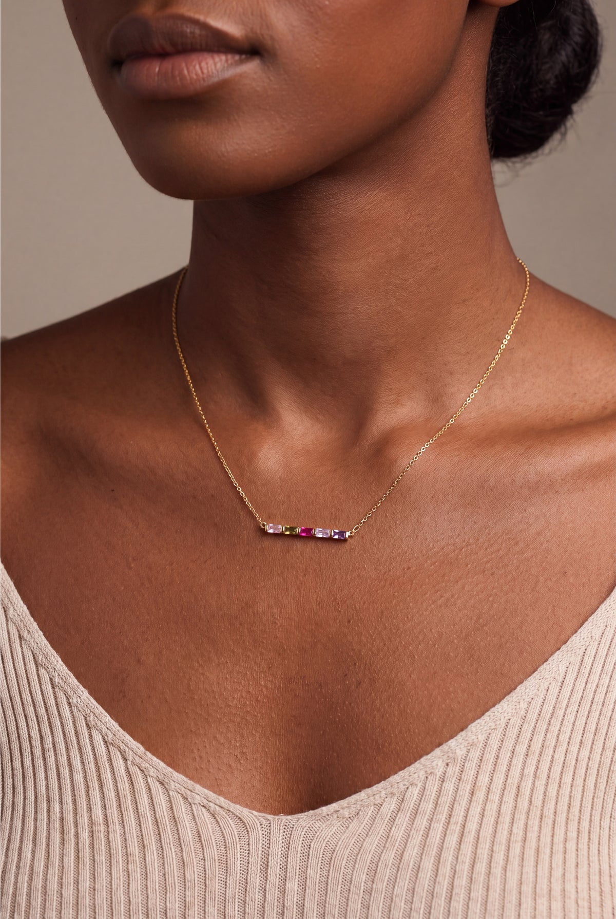Personalized Five Baguette Birthstone Bar Necklace – on model