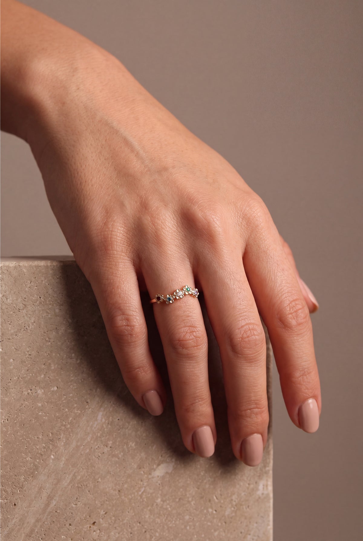 Personalized Five Flower Birthstone Ring – on model, second view