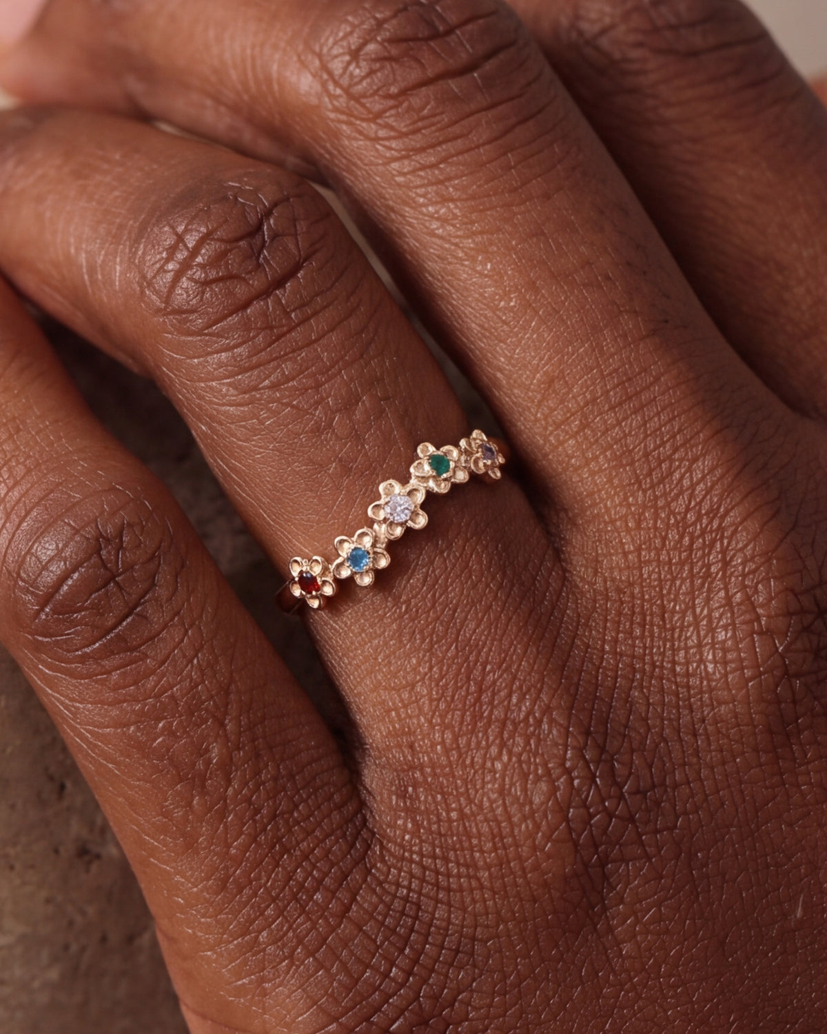 Personalized Five Flower Birthstone Ring – close-up