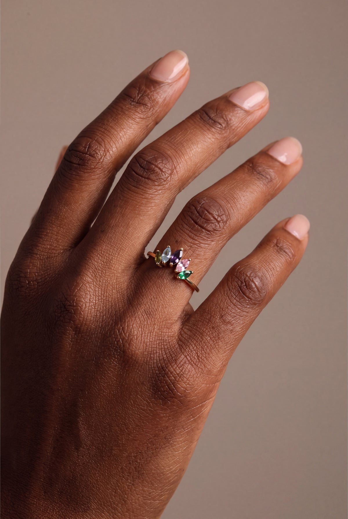 Personalized Five Marquise Birthstone Ring – on model, second view