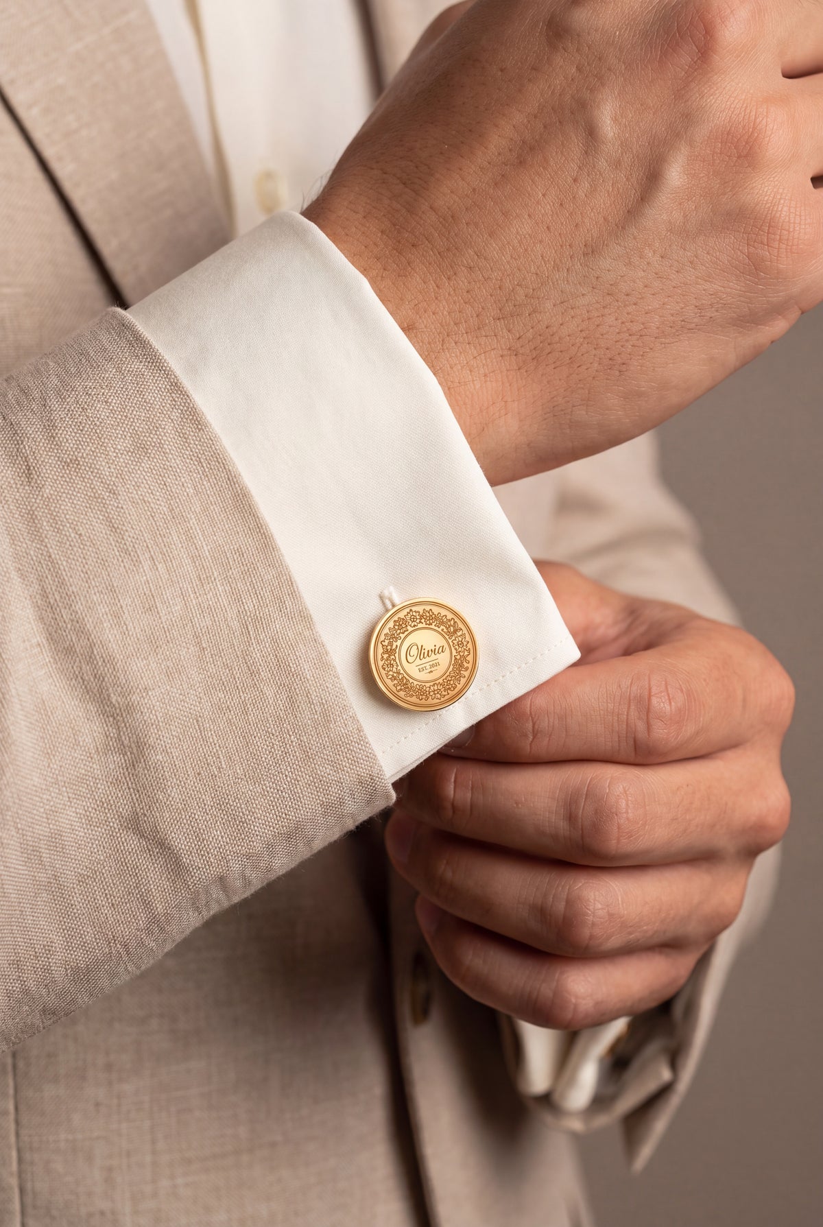 Personalized Floral Wreath Name & Year Cufflinks – on model