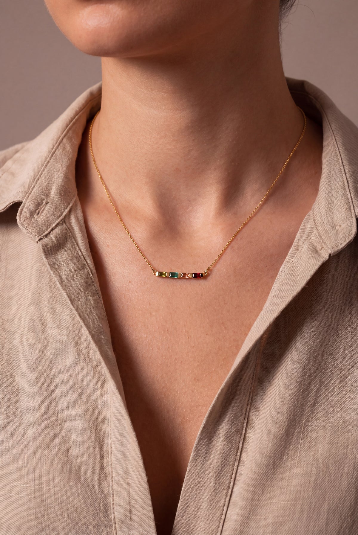 Personalized Four Baguette Birthstone Bar Necklace – on model