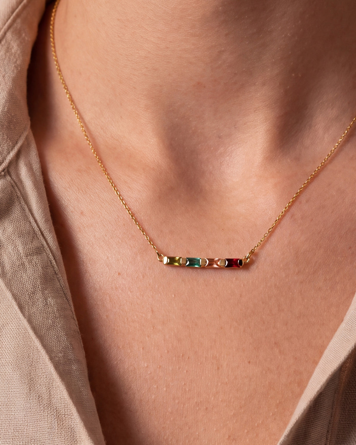 Personalized Four Baguette Birthstone Bar Necklace – close-up
