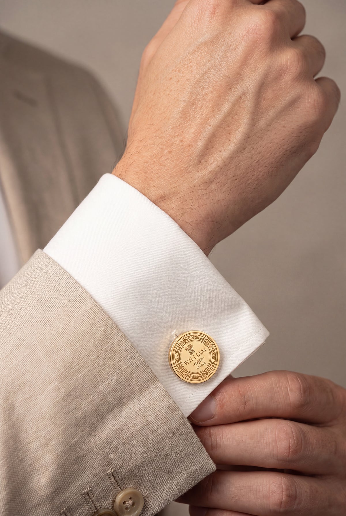 Personalized Greek Key Name & Roman Numeral Year Cufflinks – on model