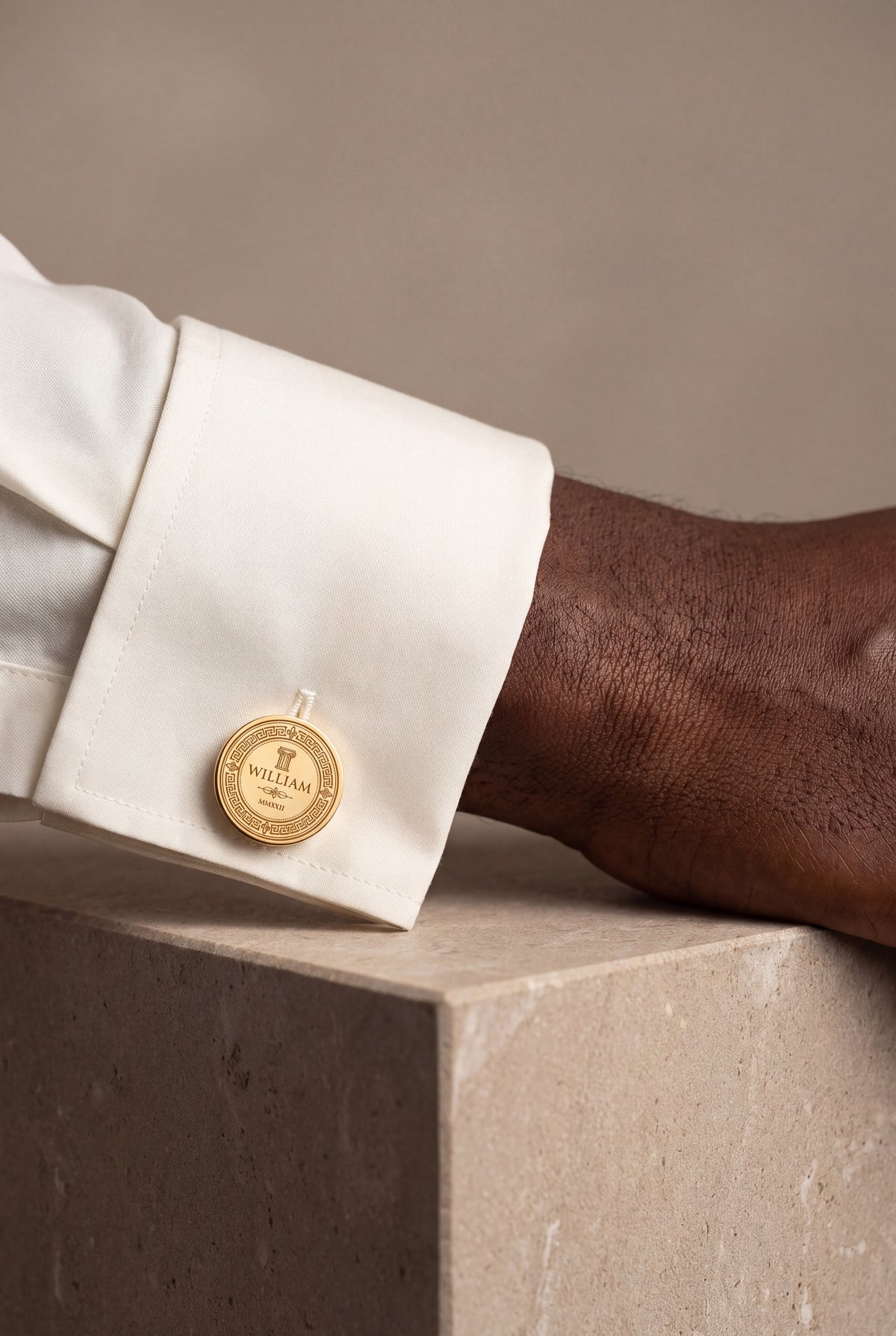 Personalized Greek Key Name & Roman Numeral Year Cufflinks – on model, second view