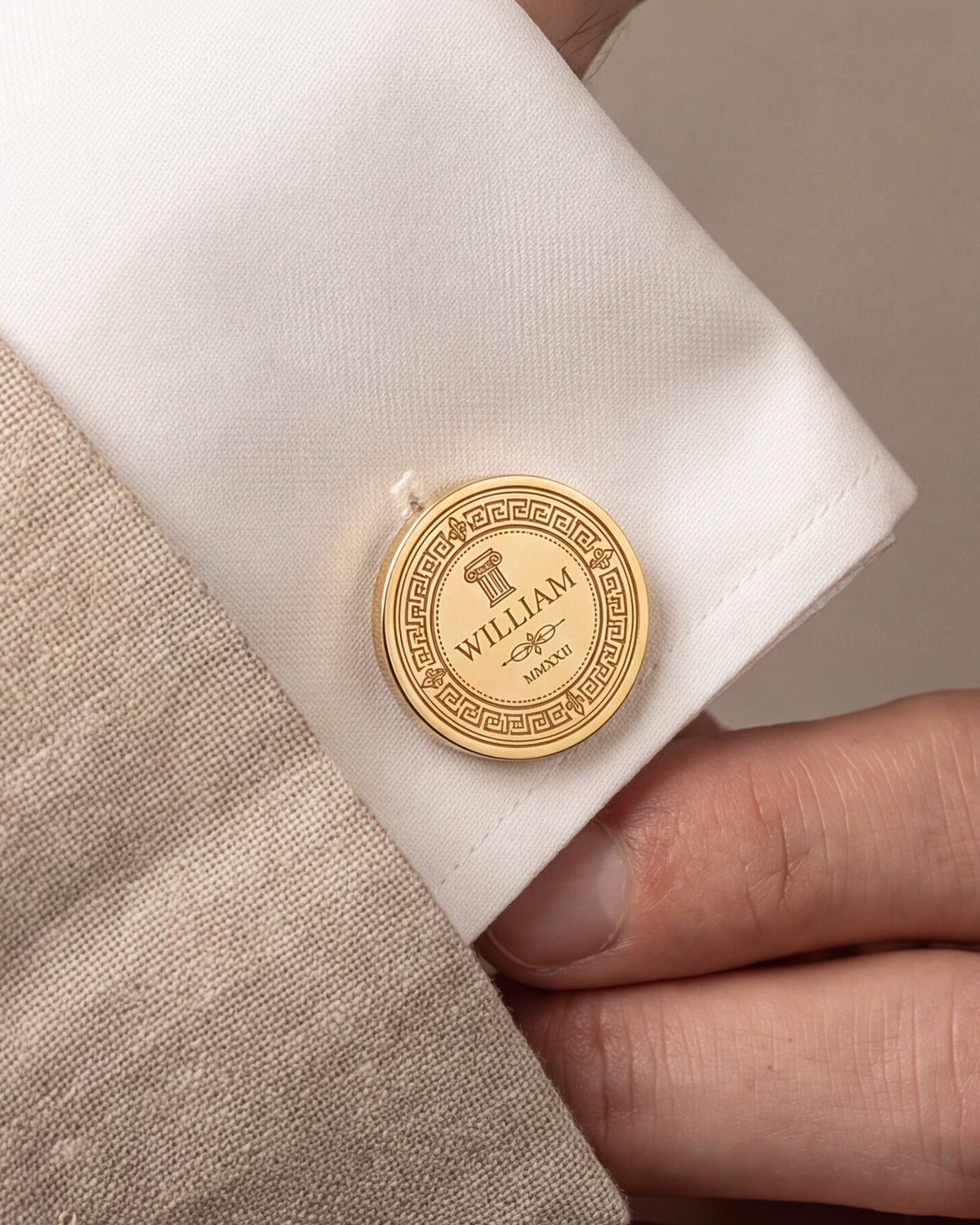 Personalized Greek Key Name & Roman Numeral Year Cufflinks – close-up