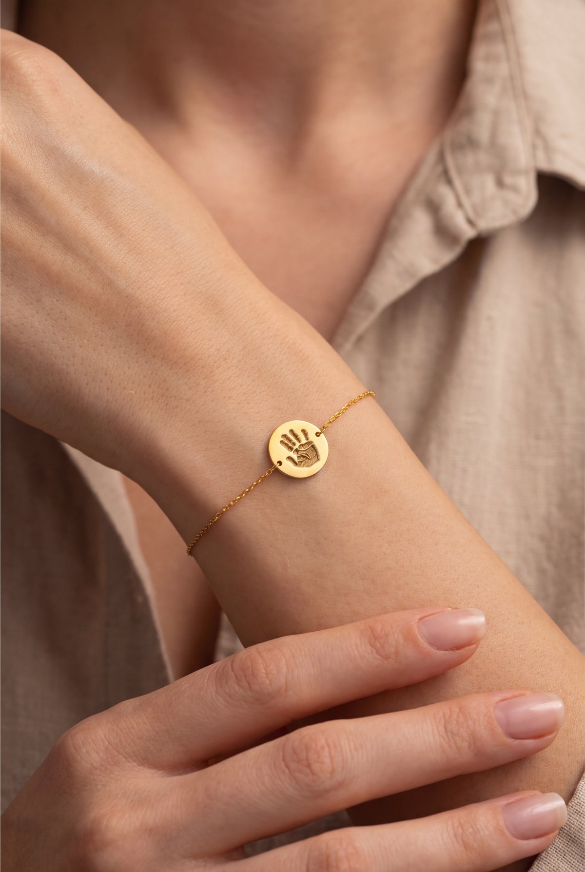 Personalized Handprint Disc Bracelet – on model