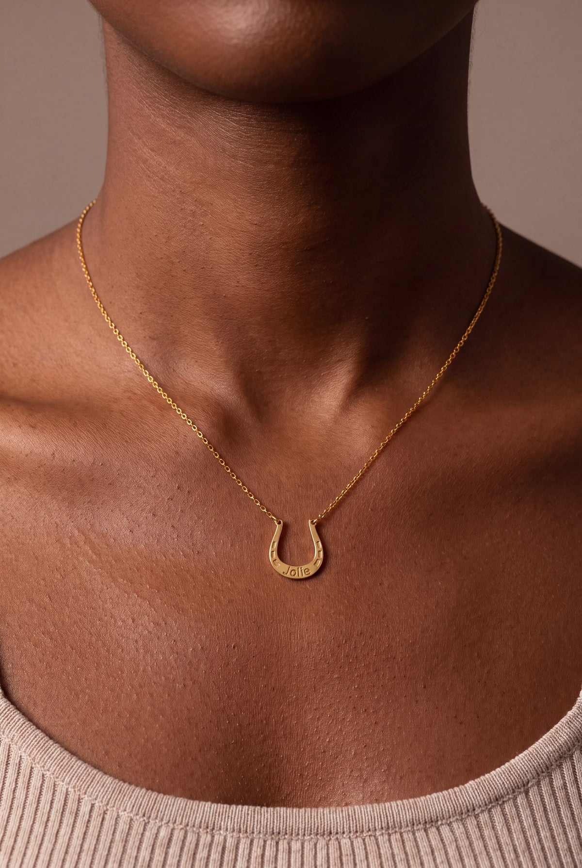 Personalized Horseshoe Name Necklace – on model, second view